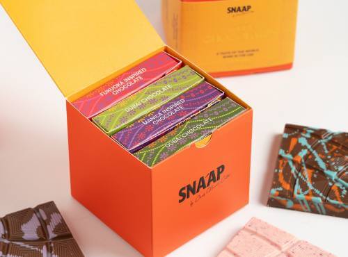 Premium chocolate Dubai gift box with colorful artisanal bars by Snaap