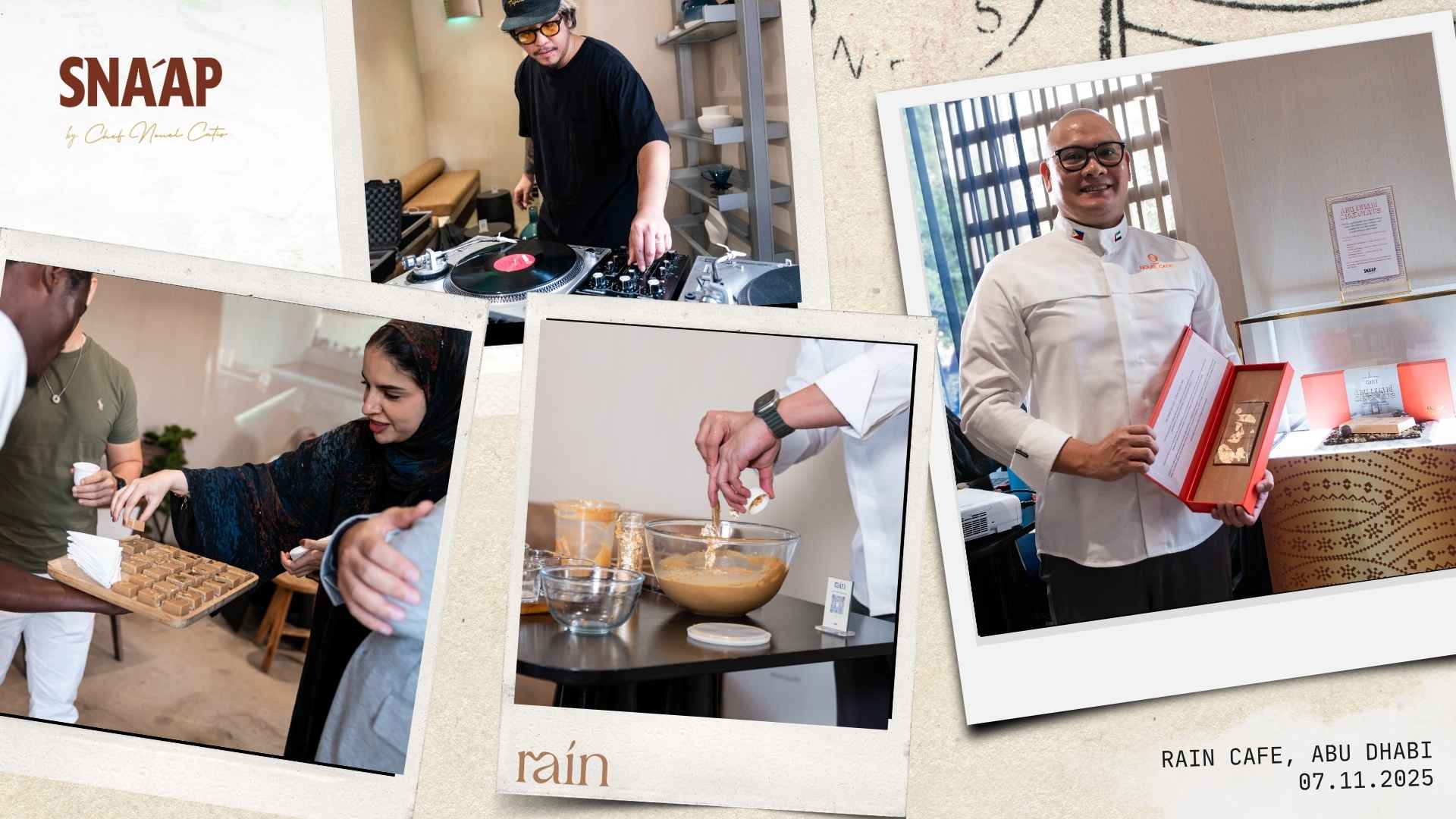 Collage of photos from the SNA'AP x Rain launch event held at Rain Café Muroor on November 7, 2025.