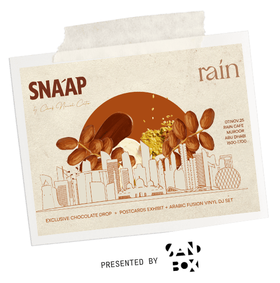 Invitation postcard curated by Sandbox for the SNA'AP Abu Dhabi Chocolate launch event at Rain Café.