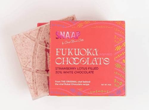 Fukuoka Inspired Chocolate in Dubai by Snaap, crafted with Amaou strawberries, white chocolate, lotus biscuits and almonds